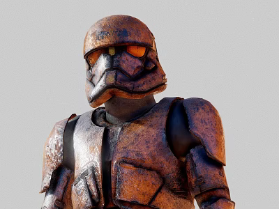Man wearing rusted metallic armor with helmet and orange glowing eyes 3d model