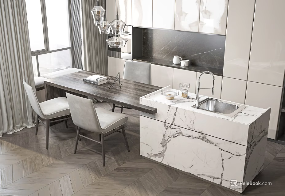 Elegant Modern Kitchen Interior With Marble Island Dining Table And Cabinets 3d model 