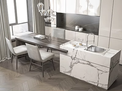 Elegant Modern Kitchen Interior With Marble Island Dining Table And Cabinets 3d model