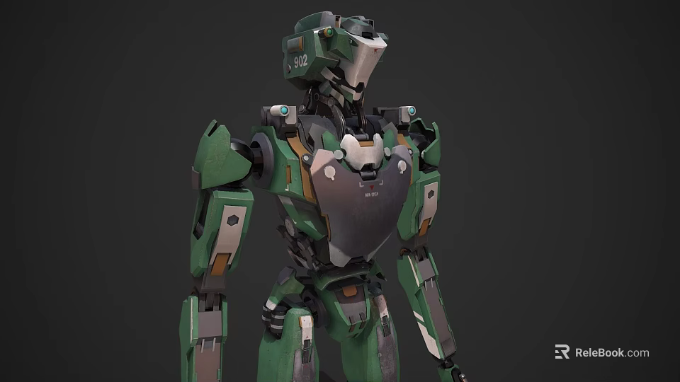 Green Mech Style Decorative Figurine Set with Metallic Armor and Joint Details 3d model 