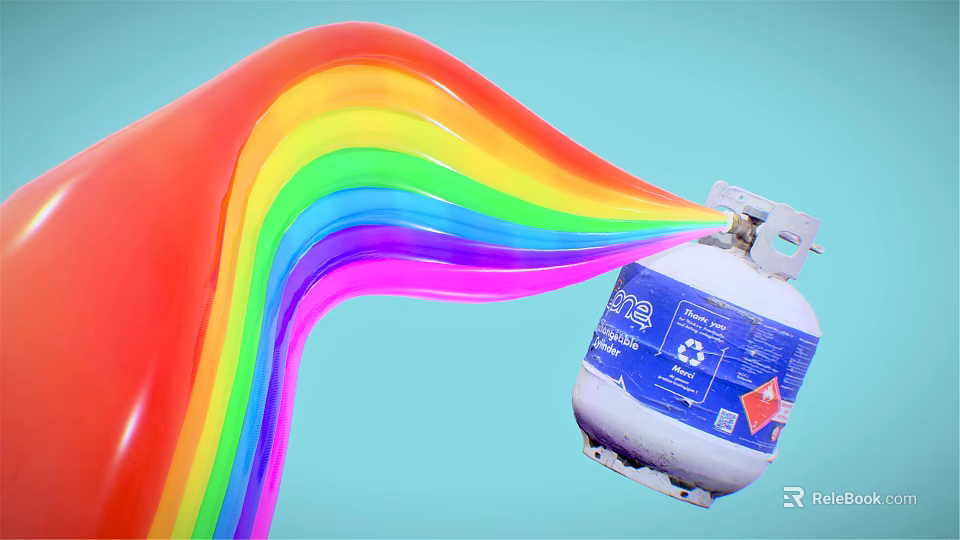 Rainbow Colored Stream Emitting From Blue Gas Cylinder On Light Blue Background 3d model 