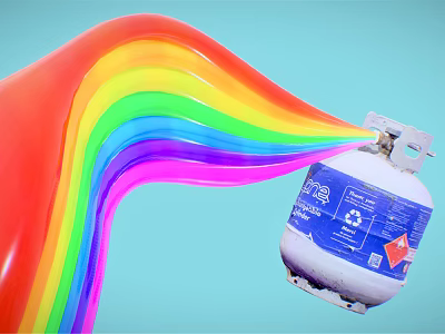 Rainbow Colored Stream Emitting From Blue Gas Cylinder On Light Blue Background 3d model