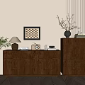 Modern Wooden Console Cabinet And Sideboard With Plant Lamp Frame And Books