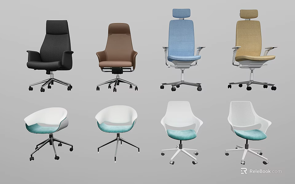 Modern Office Chairs In Black Brown Blue Beige White With Ergonomic Design And Wheels 3d model 