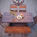 Rustic Wooden Dining Table Set With Chairs Bench Decorative Tabletop Items And Chandelier 3d model