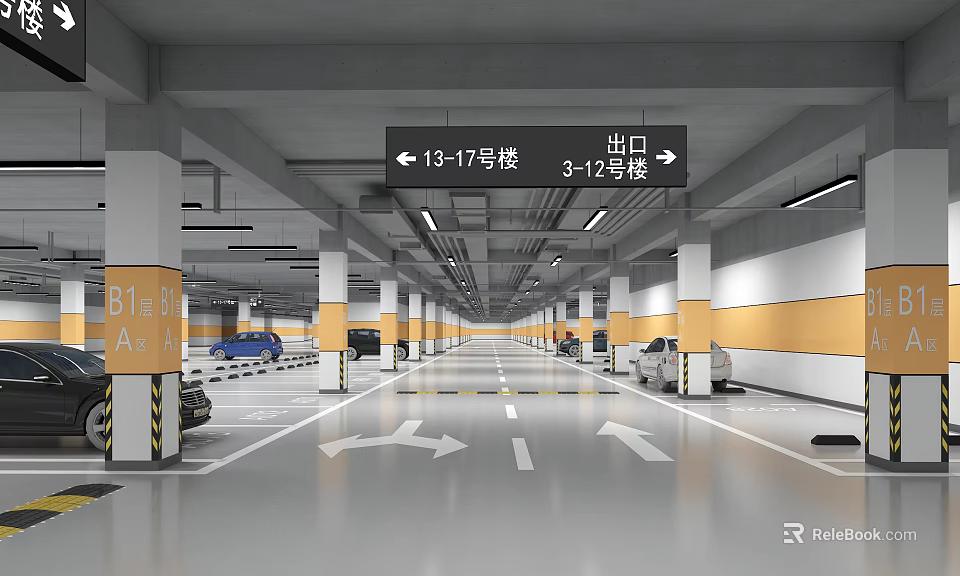 Modern Indoor Parking Lot With Directional Building Signs Exit Arrows And Parked Vehicles 3d model 
