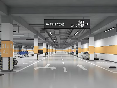 Modern Indoor Parking Lot With Directional Building Signs Exit Arrows And Parked Vehicles 3d model