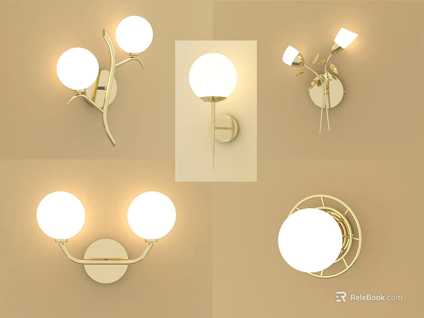 Modern Golden Wall Lamps With White Round Shades And Branch Design Decorative Lighting 3d model 