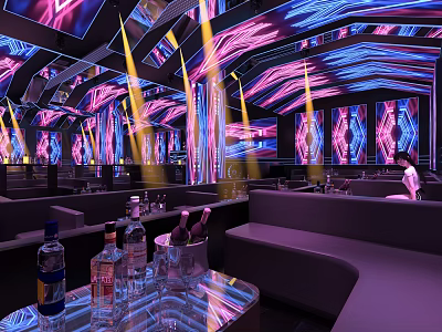Stylish Modern Bar Interior With Neon Lights Colorful Ceiling Sofas And Drinks On Tables 3d model