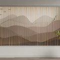 Bedroom Accent Wall Featuring Vertical Slats Wavy Patterns Flying Birds Brown Tones and Green Plant