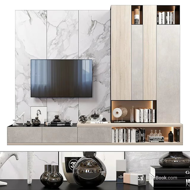 Modern TV Wall Design With Marble Panel Built-in TV And Storage Cabinets 3d model