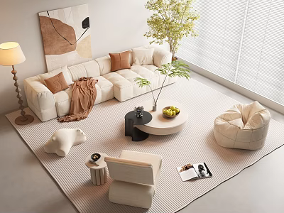 Modern Living Room Beige Sofa Coffee Table Set With Throw Blanket Decorative Pillows And Plants 3d model