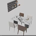Modern Dining Table Set With Marble Top White Brown Chairs Cups Magazines And Wall Decorations