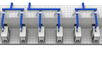 Neatly Arranged Industrial Equipment Units With Blue Pipes On Grid Background 3d model