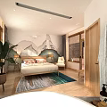 Hotel Room Interior With Bathtub Mountain View Windows And Wooden Decor Plants
