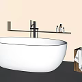 White Freestanding Bathtub in Beige Bathroom with Built in Niche Wooden Stool and Towels