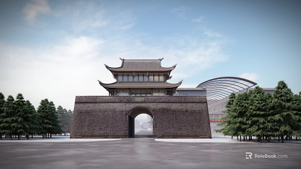 Ancient Chinese Architecture With Multi tiered Roof Stone Wall Archway Near Modern Buildings Trees Square 3d model 