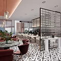 Modern Restaurant Interior With Geometric Floor Tiles Wooden Lattice And Marble Wall