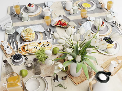 Elegant Dinnerware Set With Food And Tulip Flowers On Table 3d model