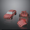 Red Car Model Display Featuring Broken Parts And Damaged Body Details