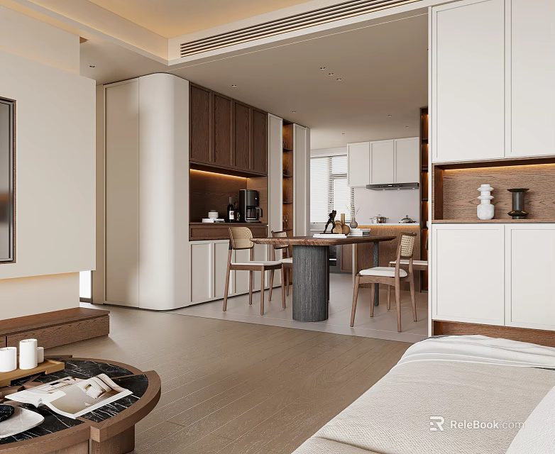 Modern Open Dining and Living Room Interior With Dining Table Chairs And Cabinets 3d model