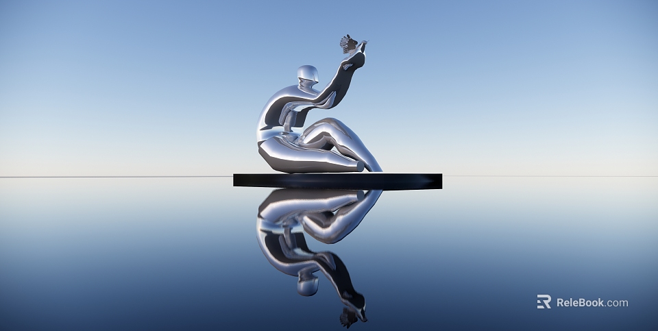 Smooth Silver Seated Sculpture Holding Small Object on Black Platform Against Blue Sky Water Reflection 3d model 