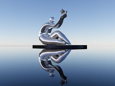 Smooth Silver Seated Sculpture Holding Small Object on Black Platform Against Blue Sky Water Reflection 3d model