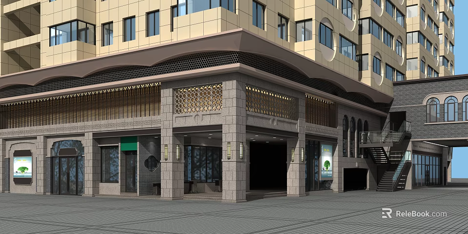 Modern Multi Story Commercial Street With Stone Facade Shop Entrances And Decorative Elements 3d model 