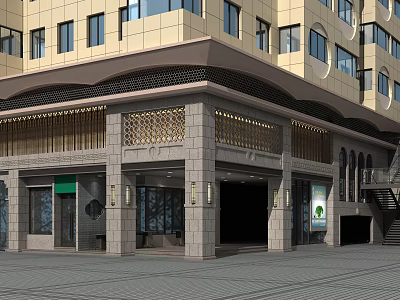 Modern Multi Story Commercial Street With Stone Facade Shop Entrances And Decorative Elements 3d model