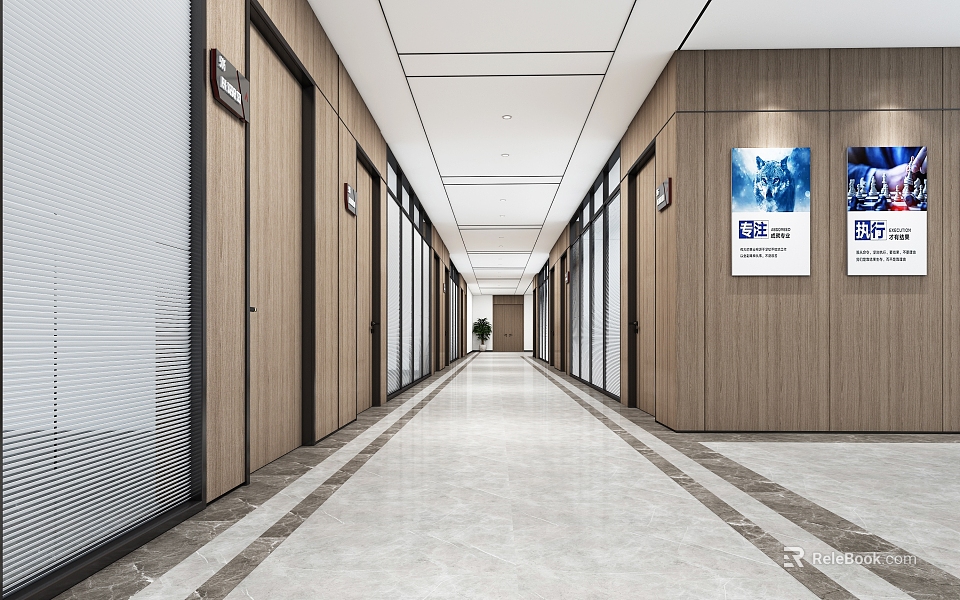 Spacious Modern Office Corridor Interior Design With Wooden Panel Walls Glass Doors And Polished Flooring 3d model 