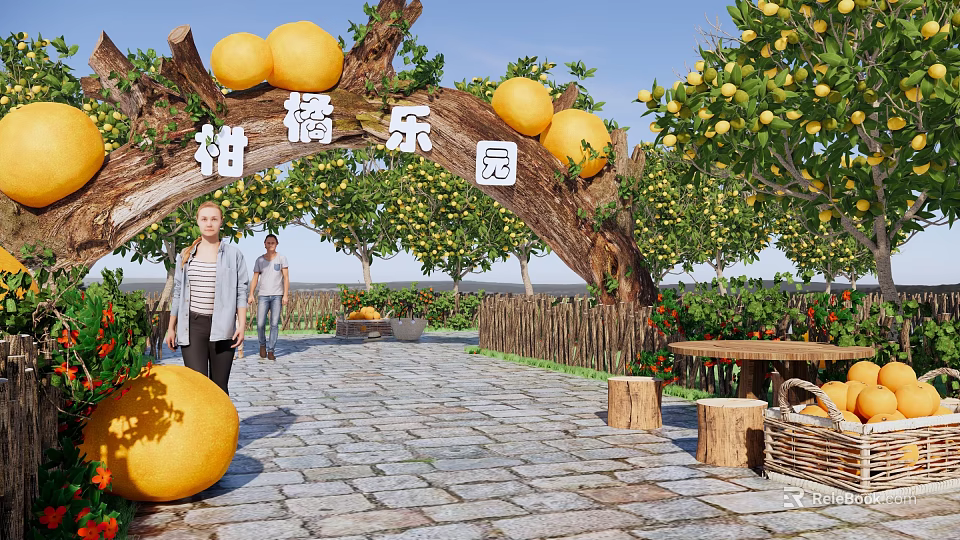 Vibrant Citrus Trees in Paradise Garden with Stone Path Visitors and Oranges 3d model 