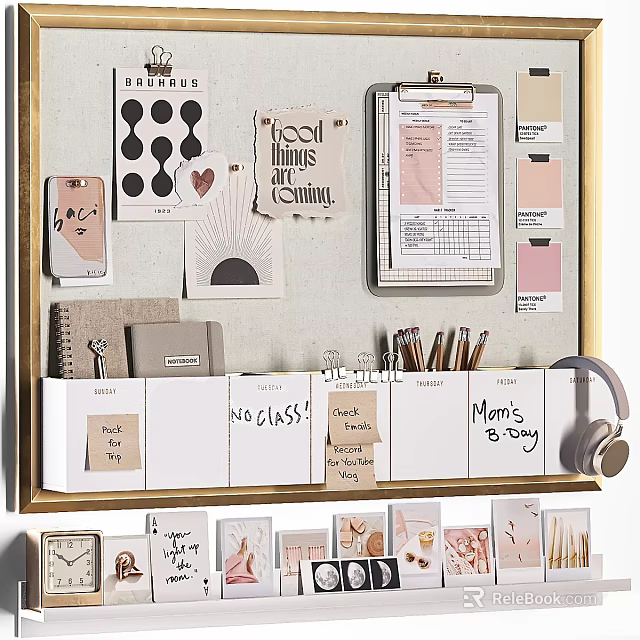 Functional Wall Decor With Memos Phone Notebook Clipboard Pens Headphones White Compartments And Gold Frame 3d model 