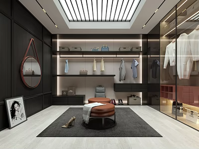 Modern Walk in Closet Interior With Glass Doors Hanging Clothes Bags And Shoes 3d model