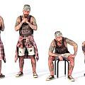 Tattooed Man With Sleeveless Shirt Plaid Shirt Shorts And Bandana In Different Poses Sitting Standing