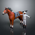 Brown horse with saddle numbered 8 and jockey in white uniform standing with outstretched arms