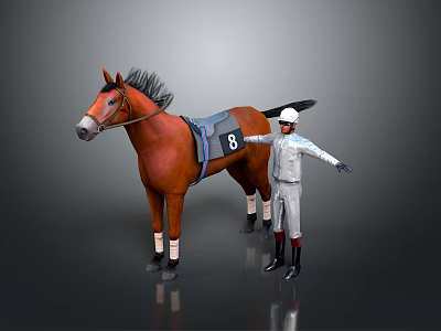 Brown horse with saddle numbered 8 and jockey in white uniform standing with outstretched arms 3d model