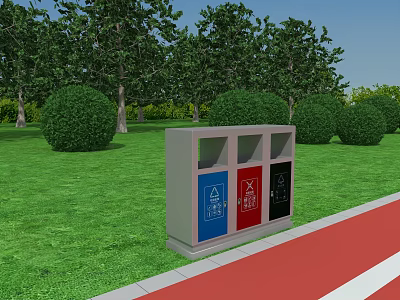 Outdoor Sorted Trash Bin With Blue Red Black Compartments On Green Lawn And Trees 3d model