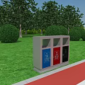Outdoor Sorted Trash Bin With Blue Red Black Compartments On Green Lawn And Trees