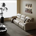 Modern Living Room Interior With Beige Leather Sofa Black Coffee Table And Wooden Shelf Wall