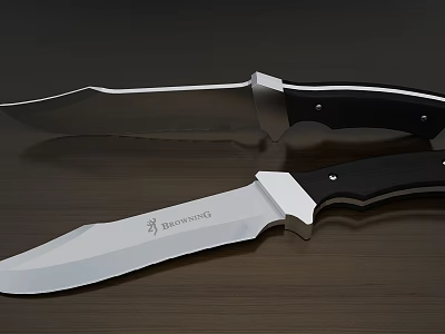 Tactical Knives Featuring Silver Blades And Black Handles On Wooden Surface 3d model