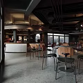 Modern Bar Interior With Curved Counter Bar Stools And City View 3d model