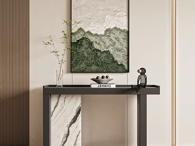 Minimalist Console Table With Marble Top Green Plant And Abstract Artwork Decor 3d model