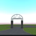Arched Metal Frame Memorial Archway With Stone Pillars On Green Lawn Under Blue Sky