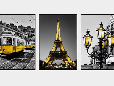 Vintage Yellow Tram Eiffel Tower Illuminated And Classic Street Lamp Urban Scenes 3d model