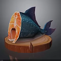 Sliced Fish With Blue Spotted Exterior And Red Interior On Circular Red Wooden Base