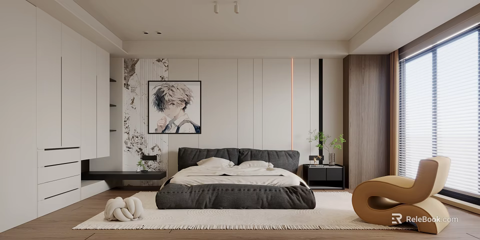 Modern Bedroom Interior Design With Black Bed White Walls Wooden Elements And Wall Painting 3d model 