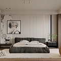 Modern Bedroom Interior Design With Black Bed White Walls Wooden Elements And Wall Painting