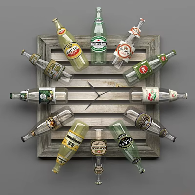 Vintage Clock In Wooden Frame Surrounded By Various Beer Bottles Decorative Design 3d model