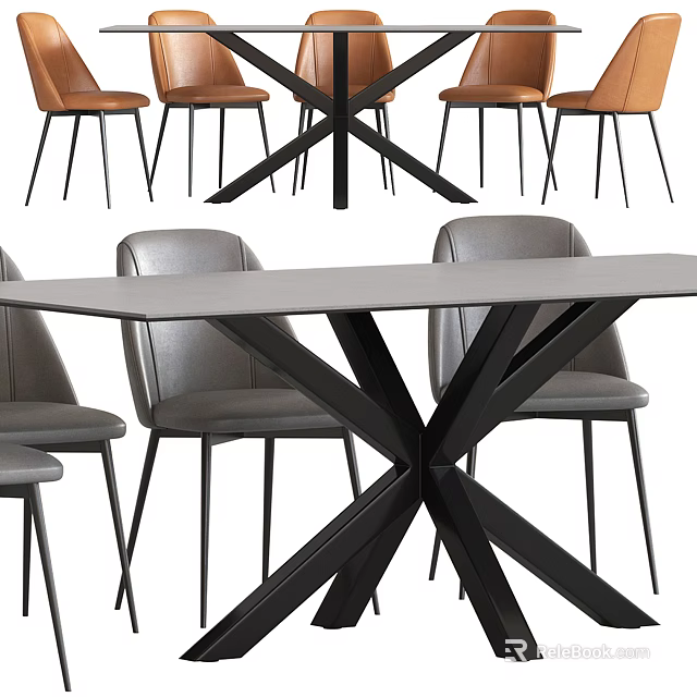 Modern Dining Table Set With Crossed Black Legs And Gray Leather Dining Chairs 3d model 