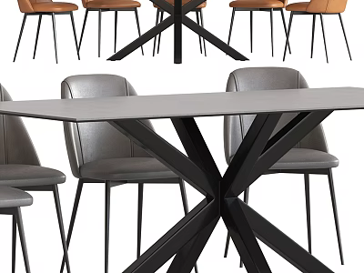 Modern Dining Table Set With Crossed Black Legs And Gray Leather Dining Chairs 3d model